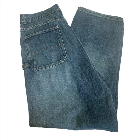 Mens Carpenter Jeans 42x32 Dtek Denim Straight Leg Medium Blue Wash - Picture 2 of 9